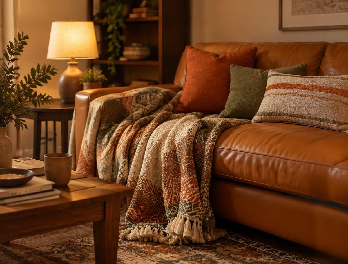 Throw blanket on a sofa in a warm evening room