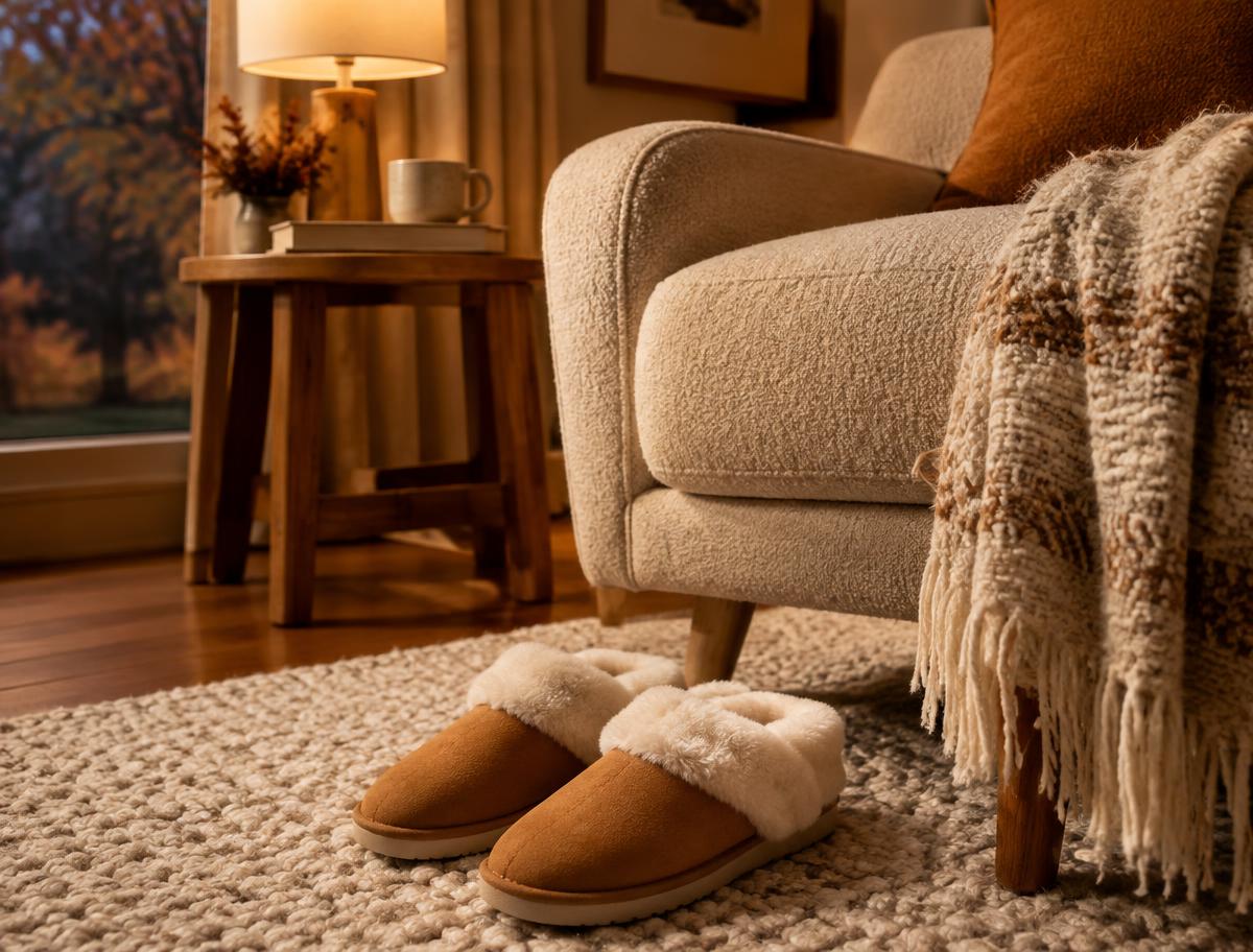 Fur-lined slippers beside a cozy armchair