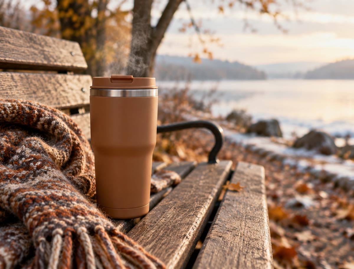 Insulated travel mug on a bench in fall