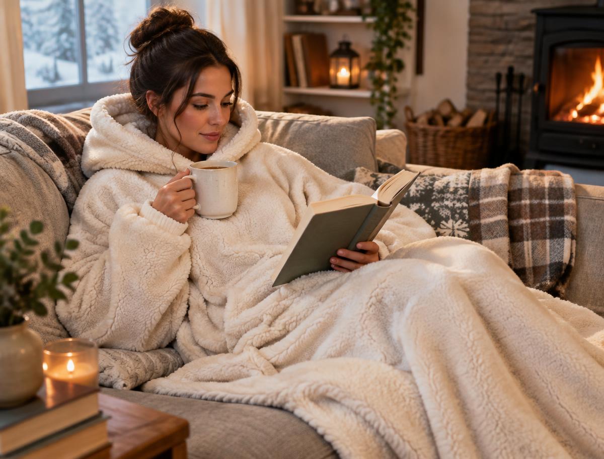 Person reading in an oversized wearable blanket